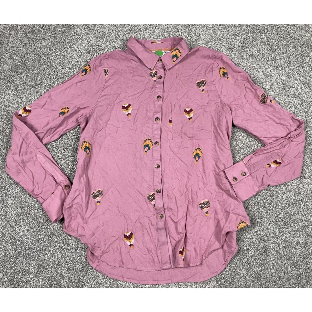 Anthropologie Shirt Womens 4 Pink Button Down Hot Air Balloon Embroidered Unique